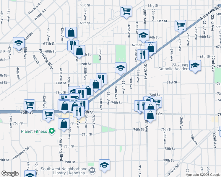 map of restaurants, bars, coffee shops, grocery stores, and more near 7209 35th Avenue in Kenosha