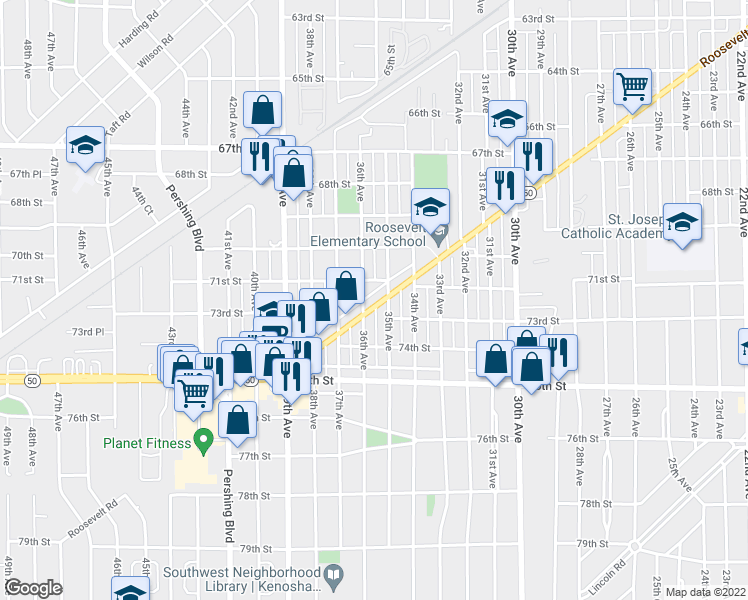map of restaurants, bars, coffee shops, grocery stores, and more near 3520 Roosevelt Road in Kenosha