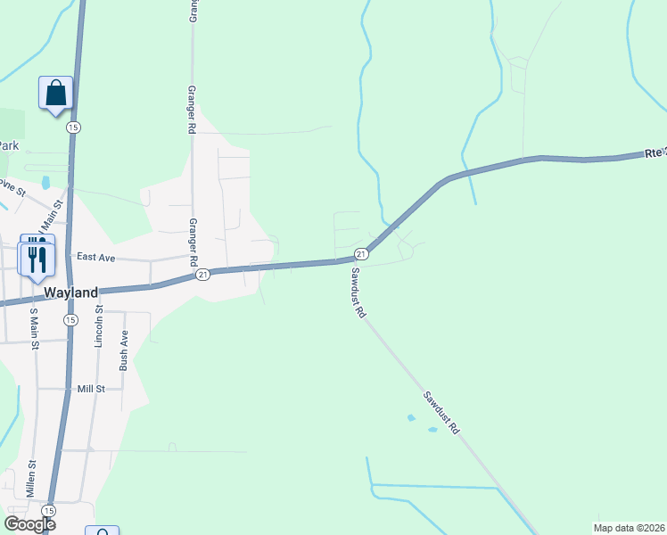 map of restaurants, bars, coffee shops, grocery stores, and more near 2680 State Route 21 in Wayland