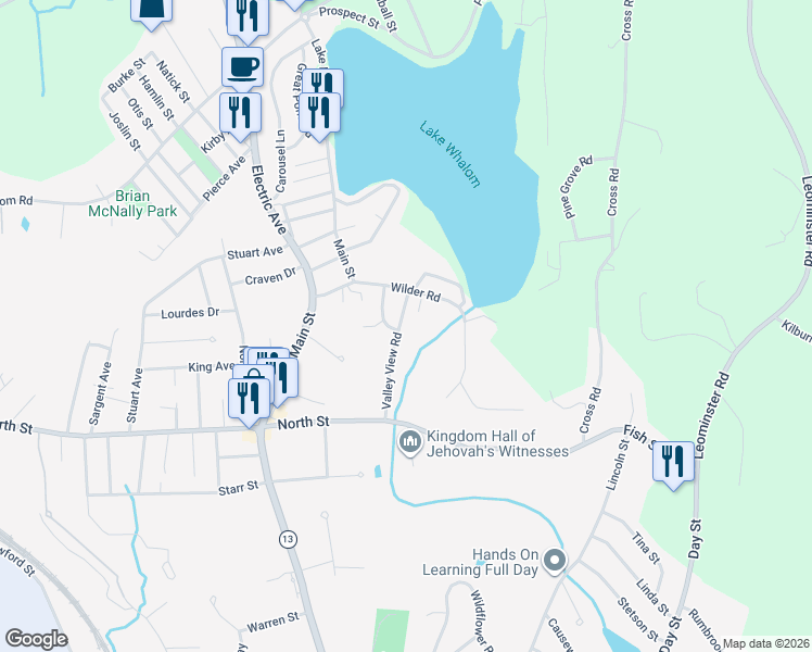 map of restaurants, bars, coffee shops, grocery stores, and more near 32 Valley View Road in Leominster