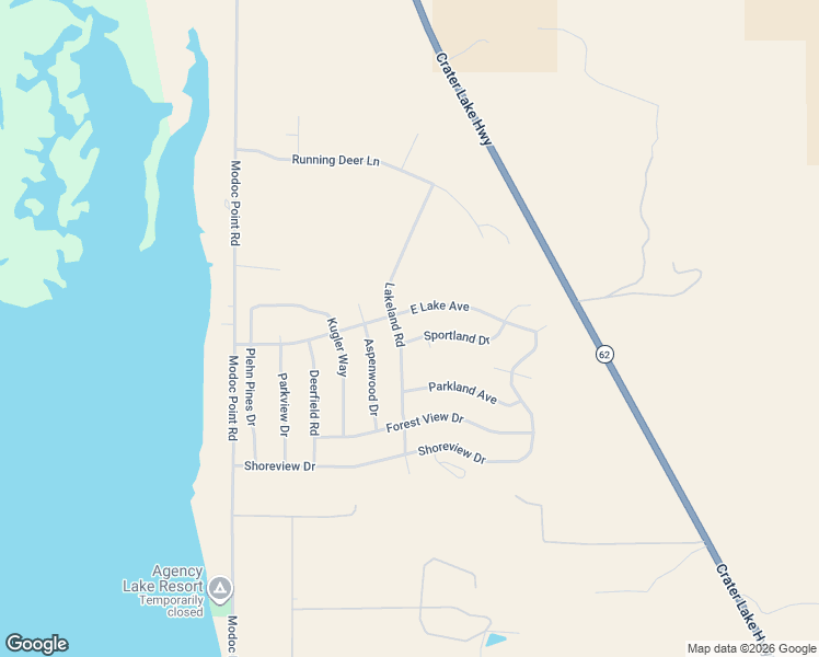 map of restaurants, bars, coffee shops, grocery stores, and more near 3076 East Lake Avenue in Chiloquin