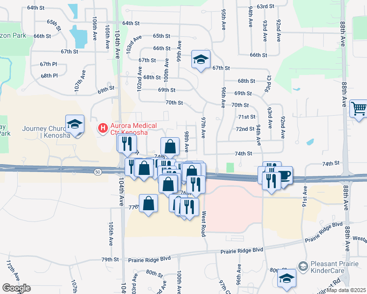 map of restaurants, bars, coffee shops, grocery stores, and more near 7304 98th Avenue in Kenosha
