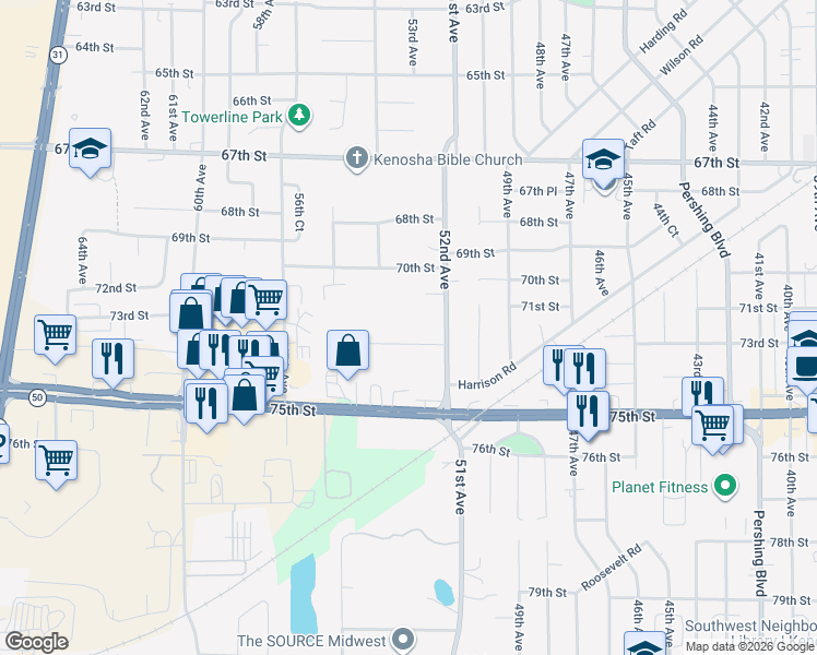 map of restaurants, bars, coffee shops, grocery stores, and more near 5316 73rd Street in Kenosha
