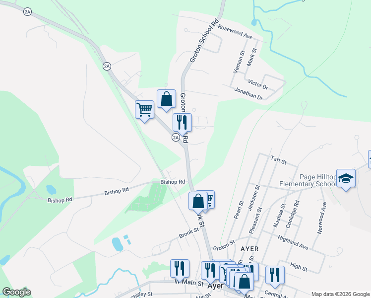 map of restaurants, bars, coffee shops, grocery stores, and more near 0 Fitchburg Road in Ayer