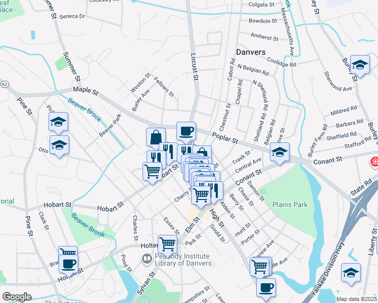 map of restaurants, bars, coffee shops, grocery stores, and more near in Danvers
