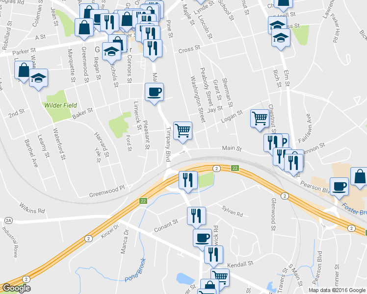 map of restaurants, bars, coffee shops, grocery stores, and more near 21 Timpany Boulevard in Gardner