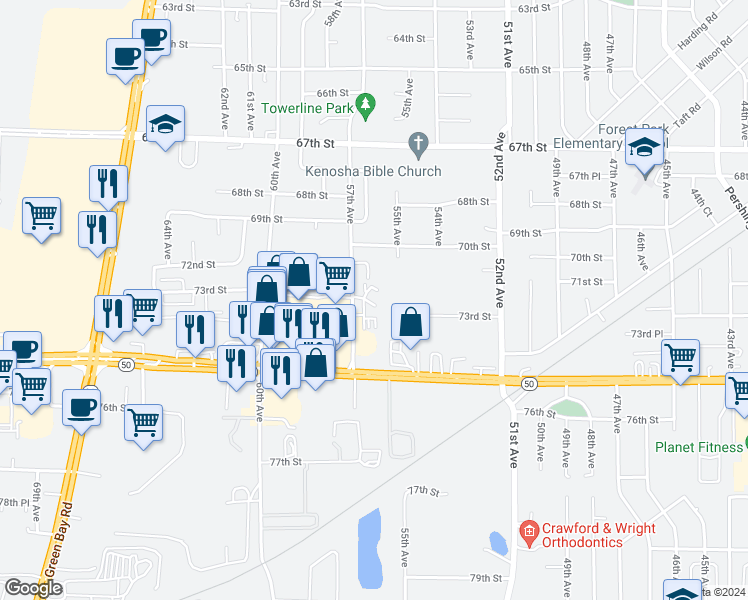 map of restaurants, bars, coffee shops, grocery stores, and more near 7311 57th Avenue in Kenosha