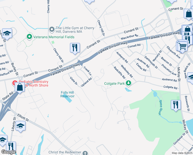 map of restaurants, bars, coffee shops, grocery stores, and more near 1 Apple Road in Beverly