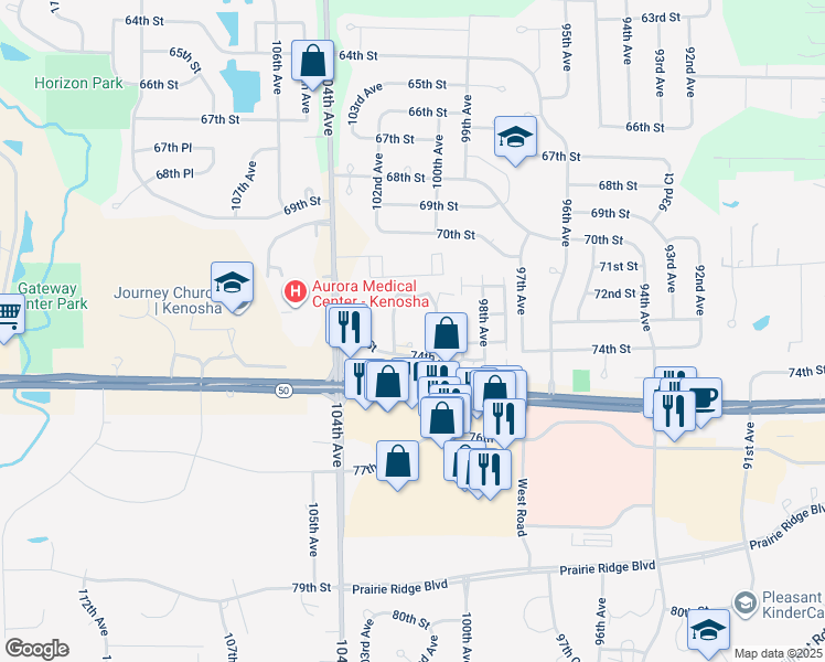 map of restaurants, bars, coffee shops, grocery stores, and more near 10108 74th Street in Kenosha