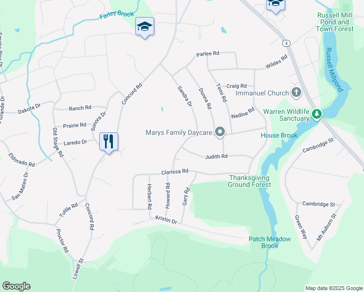 map of restaurants, bars, coffee shops, grocery stores, and more near 63 Algonquin Road in Chelmsford