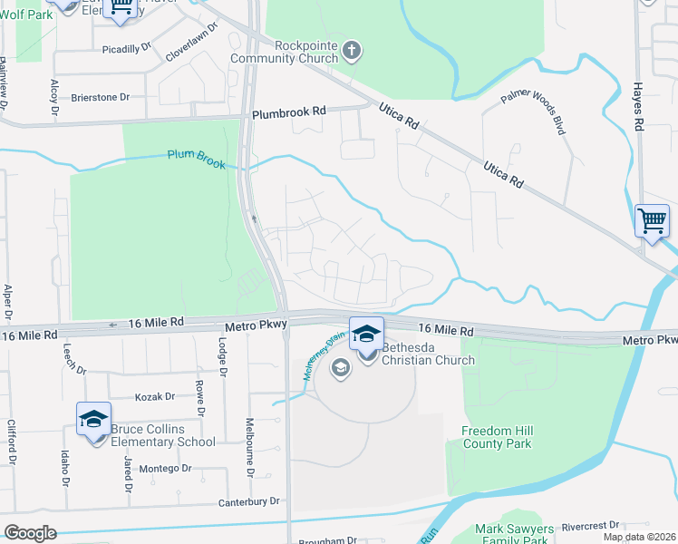 map of restaurants, bars, coffee shops, grocery stores, and more near 13990 Camelot Drive in Sterling Heights