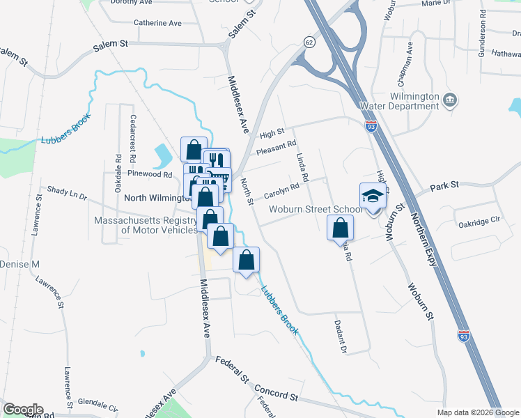 map of restaurants, bars, coffee shops, grocery stores, and more near 4 Pineridge Road in Wilmington