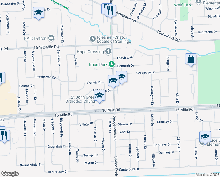 map of restaurants, bars, coffee shops, grocery stores, and more near 11552 Anna Lisa Drive in Sterling Heights