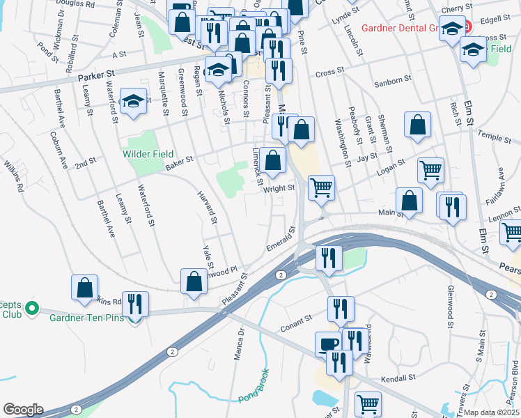 map of restaurants, bars, coffee shops, grocery stores, and more near 409 Pleasant Street in Gardner