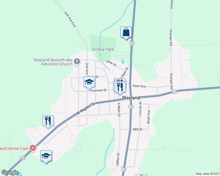 map of restaurants, bars, coffee shops, grocery stores, and more near 105 Fremont Street in Wayland