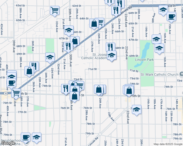 map of restaurants, bars, coffee shops, grocery stores, and more near 7201 27th Avenue in Kenosha