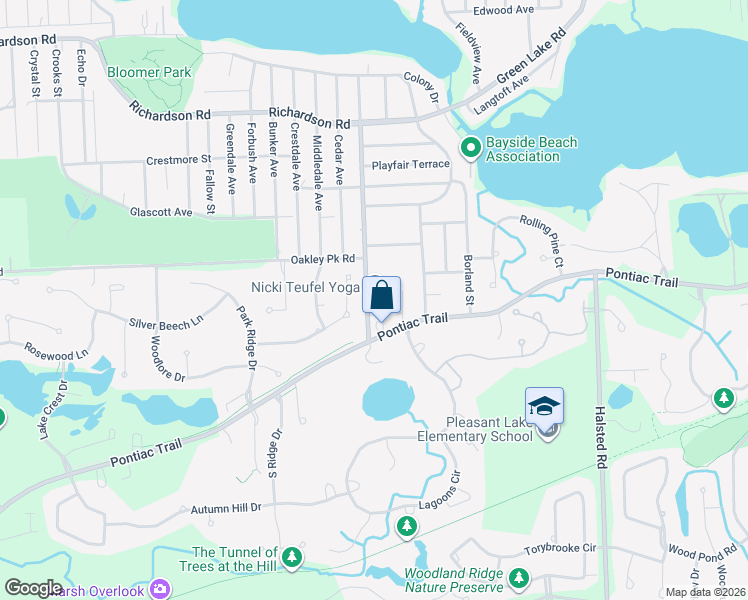 map of restaurants, bars, coffee shops, grocery stores, and more near 4565 Green Lake Road in West Bloomfield Township