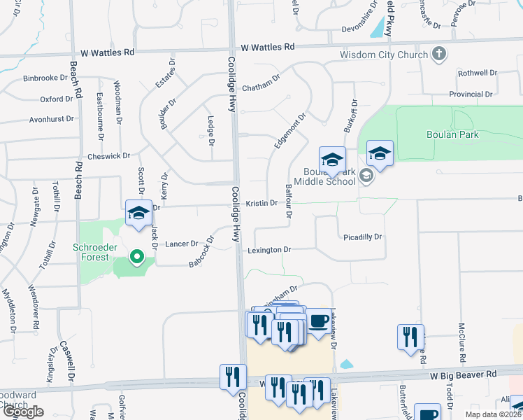 map of restaurants, bars, coffee shops, grocery stores, and more near 3437 Balfour Drive in Troy