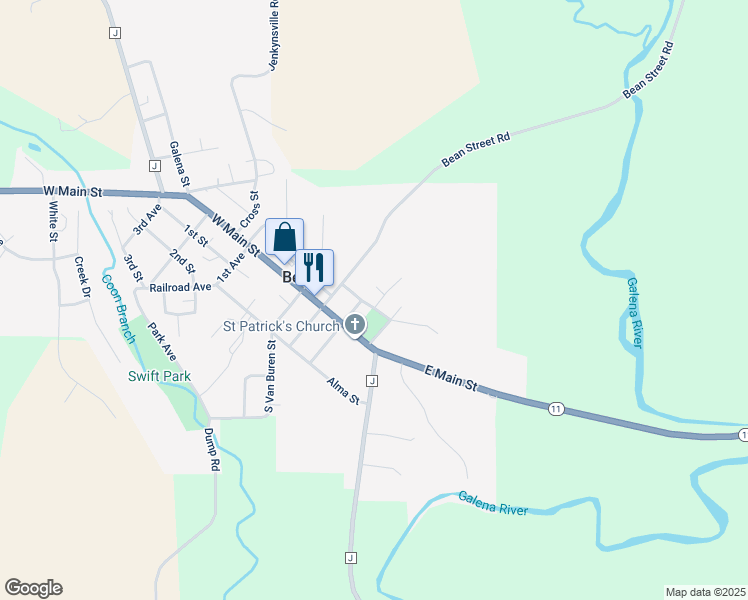 map of restaurants, bars, coffee shops, grocery stores, and more near 246 East Main Street in Benton