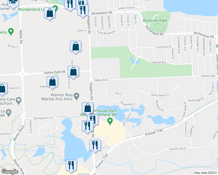 map of restaurants, bars, coffee shops, grocery stores, and more near 7898 Timberlane Trail in West Bloomfield Township