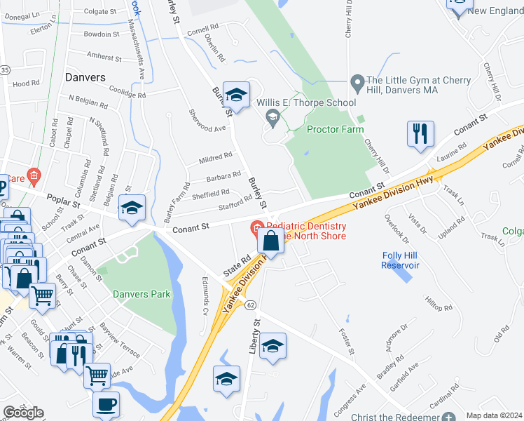 map of restaurants, bars, coffee shops, grocery stores, and more near 112 Conant Street in Danvers