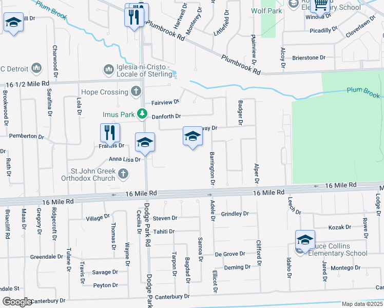 map of restaurants, bars, coffee shops, grocery stores, and more near 12060 Greenway Drive in Sterling Heights