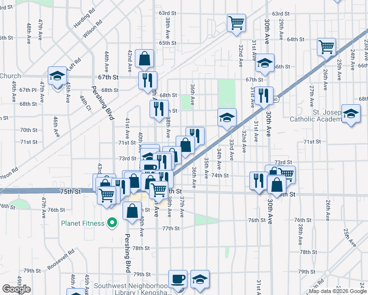 map of restaurants, bars, coffee shops, grocery stores, and more near 7109 37th Avenue in Kenosha