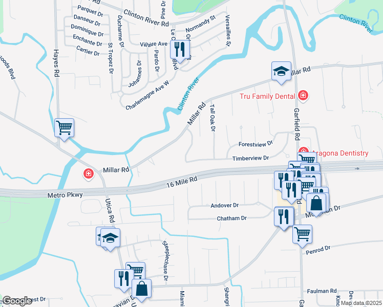 map of restaurants, bars, coffee shops, grocery stores, and more near 37117 Woodpointe Drive in Clinton Township