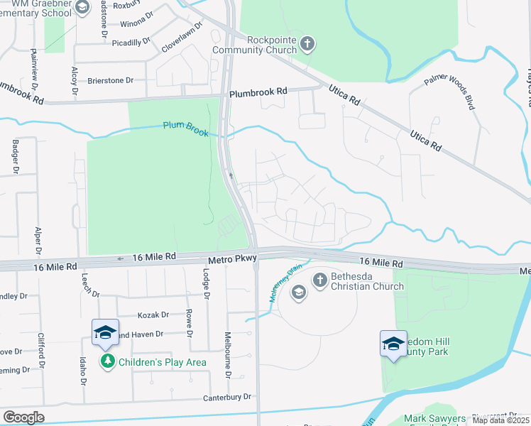 map of restaurants, bars, coffee shops, grocery stores, and more near 13901 Metro Parkway in Sterling Heights