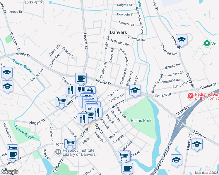 map of restaurants, bars, coffee shops, grocery stores, and more near 63 School Street in Danvers