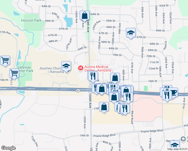 map of restaurants, bars, coffee shops, grocery stores, and more near 15200 74th St in Kenosha