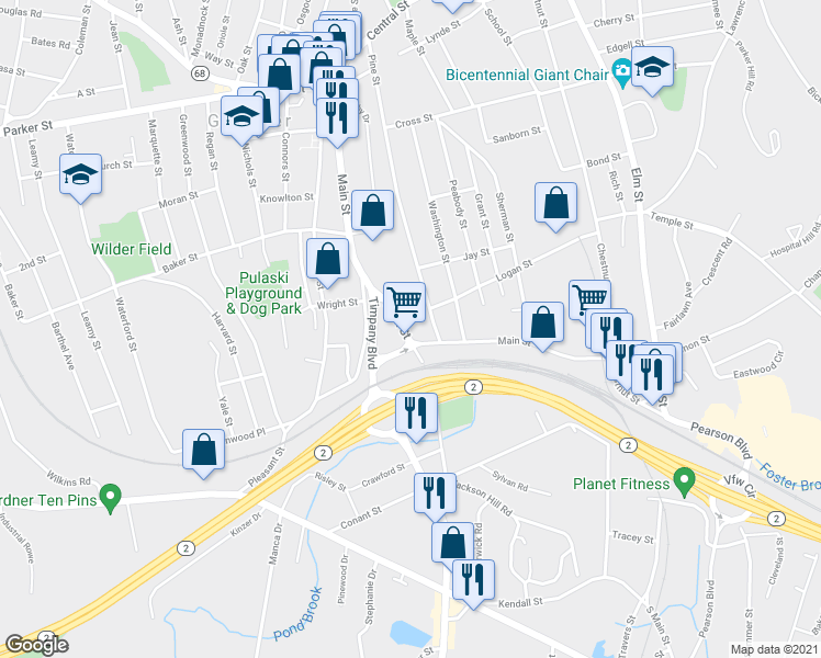 map of restaurants, bars, coffee shops, grocery stores, and more near 21 Timpany Boulevard in Gardner