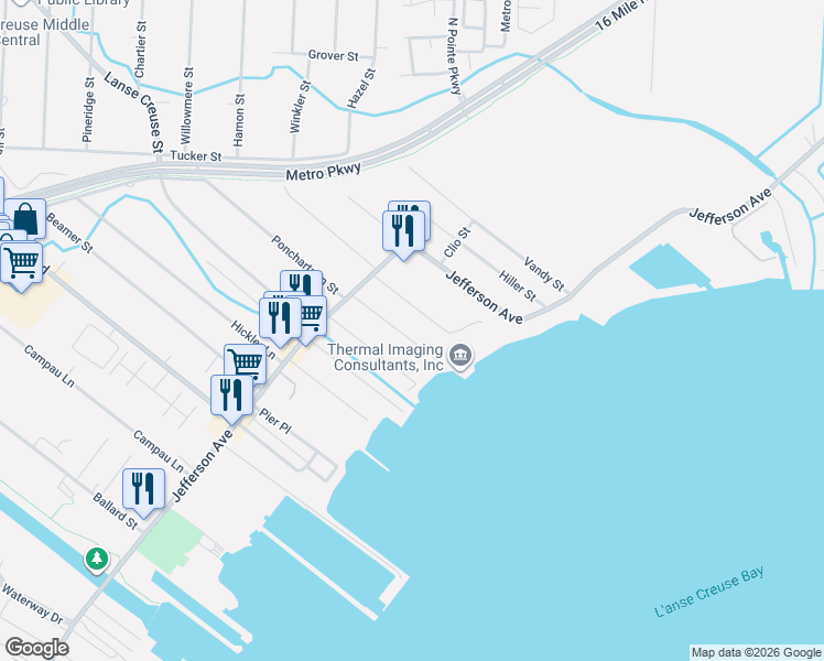 map of restaurants, bars, coffee shops, grocery stores, and more near 27805 Riviera Street in Harrison Township