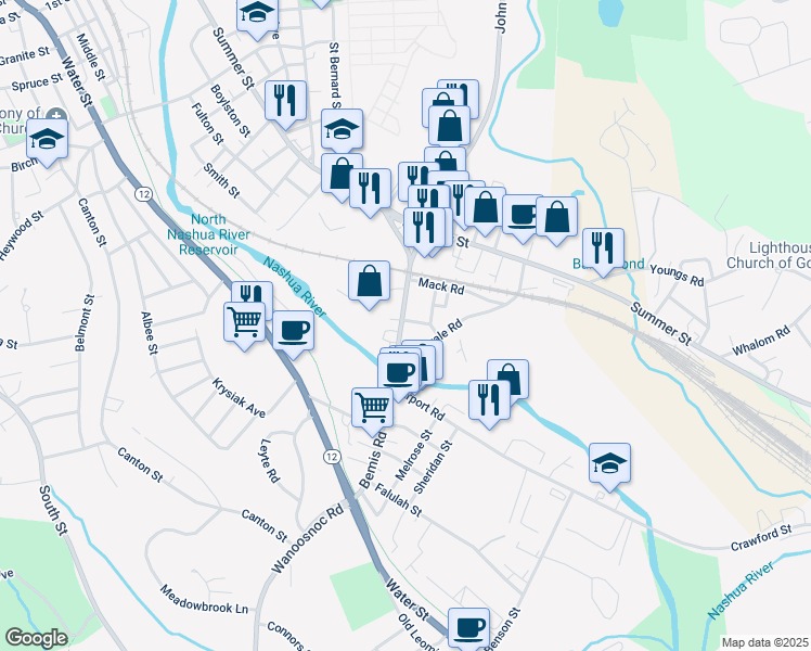 map of restaurants, bars, coffee shops, grocery stores, and more near 38 Intervale Road in Fitchburg