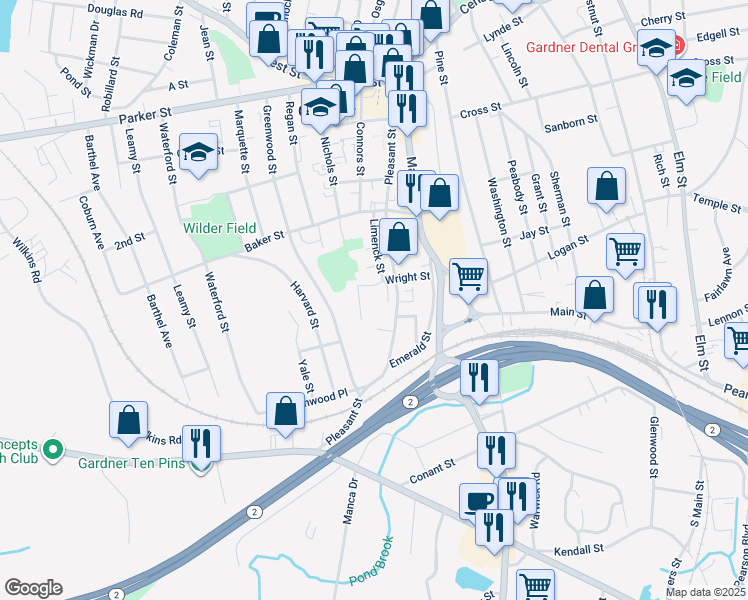 map of restaurants, bars, coffee shops, grocery stores, and more near 409 Pleasant Street in Gardner
