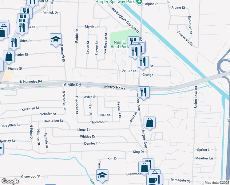 map of restaurants, bars, coffee shops, grocery stores, and more near 23771 Medina Street in Clinton Township