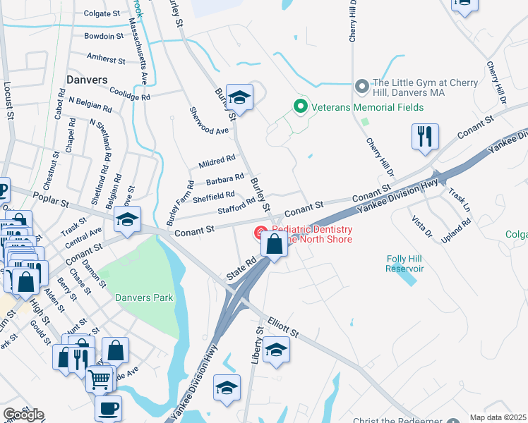 map of restaurants, bars, coffee shops, grocery stores, and more near 4 Burley Street in Danvers