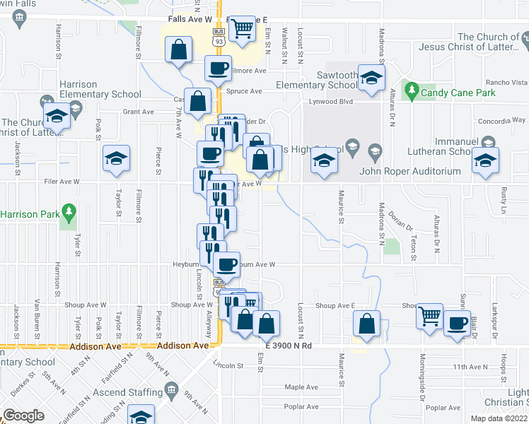 map of restaurants, bars, coffee shops, grocery stores, and more near 430 Elm Street North in Twin Falls