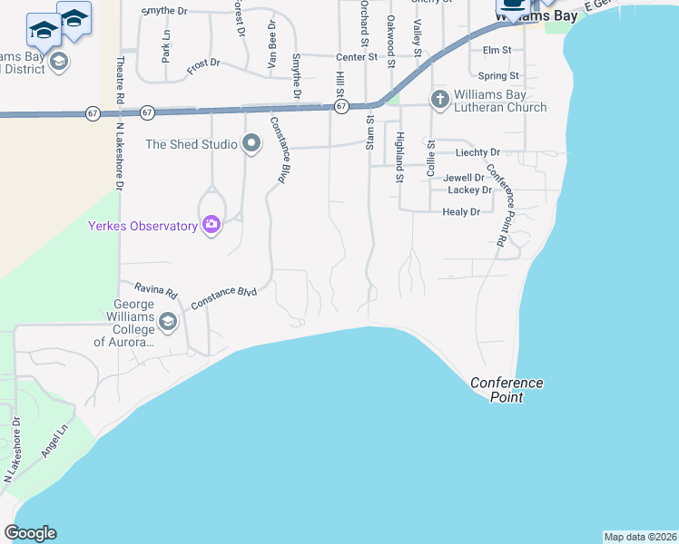 map of restaurants, bars, coffee shops, grocery stores, and more near 250 Stam Street in Williams Bay