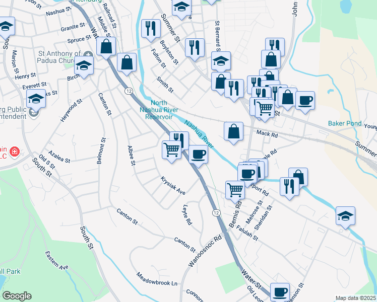 map of restaurants, bars, coffee shops, grocery stores, and more near 768 Water Street in Fitchburg