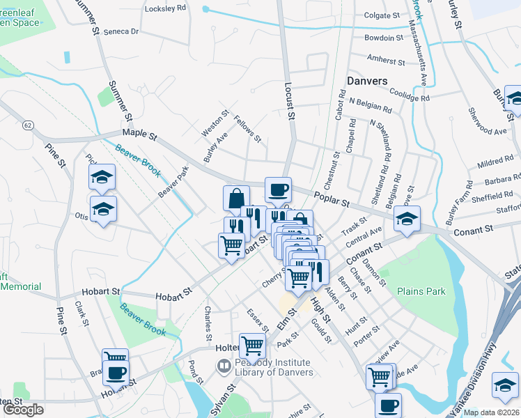 map of restaurants, bars, coffee shops, grocery stores, and more near in Danvers