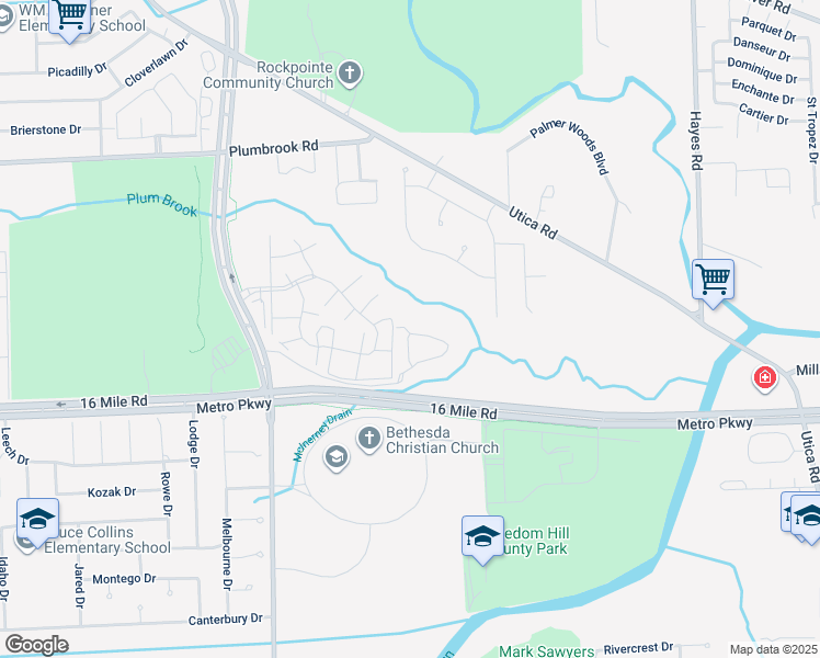 map of restaurants, bars, coffee shops, grocery stores, and more near 14230 Camelot Drive in Sterling Heights