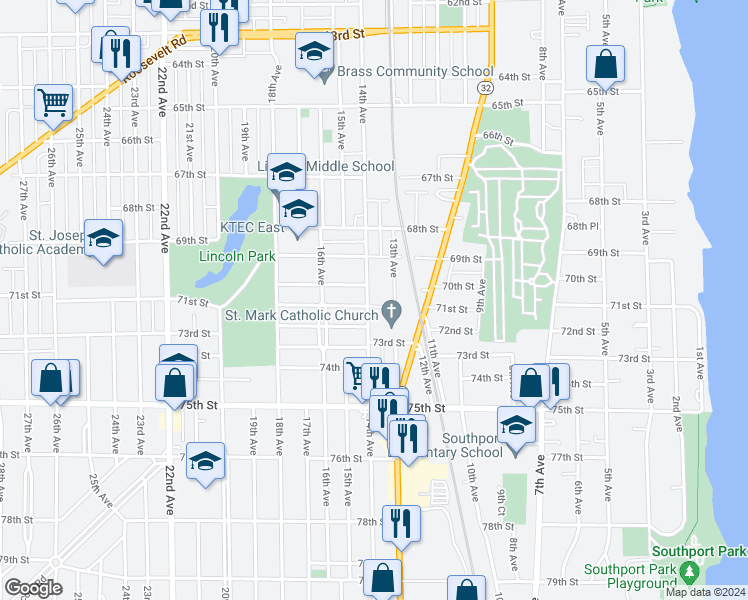 map of restaurants, bars, coffee shops, grocery stores, and more near 7013 14th Avenue in Kenosha