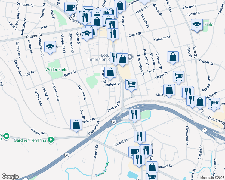 map of restaurants, bars, coffee shops, grocery stores, and more near 20 Dublin Street in Gardner
