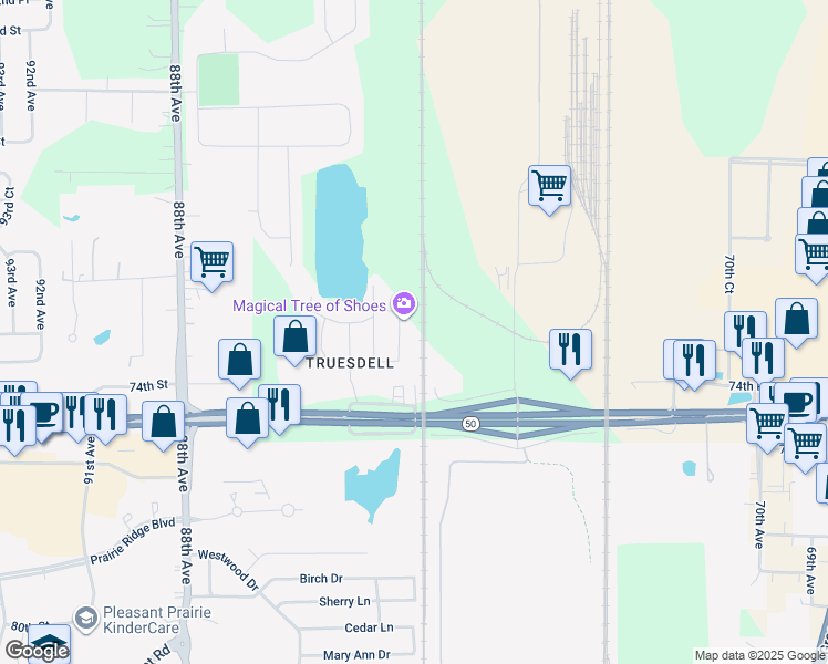 map of restaurants, bars, coffee shops, grocery stores, and more near 8010 75th Street in Kenosha