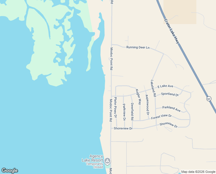 map of restaurants, bars, coffee shops, grocery stores, and more near 38038 Modoc Point Road in Chiloquin