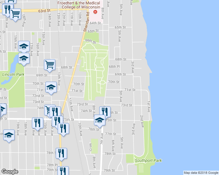 map of restaurants, bars, coffee shops, grocery stores, and more near 7021 7th Avenue in Kenosha