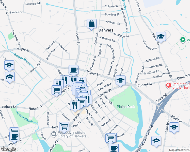 map of restaurants, bars, coffee shops, grocery stores, and more near 17 Puritan Road in Danvers