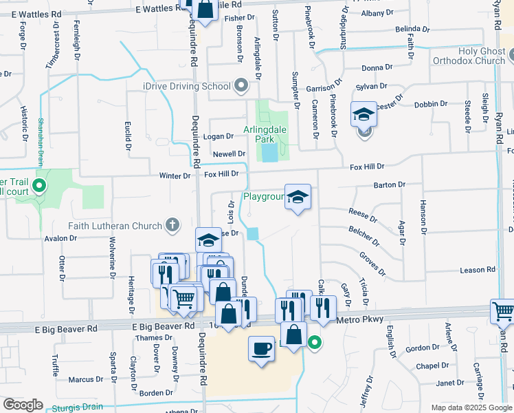 map of restaurants, bars, coffee shops, grocery stores, and more near 2334 Michael Drive in Sterling Heights