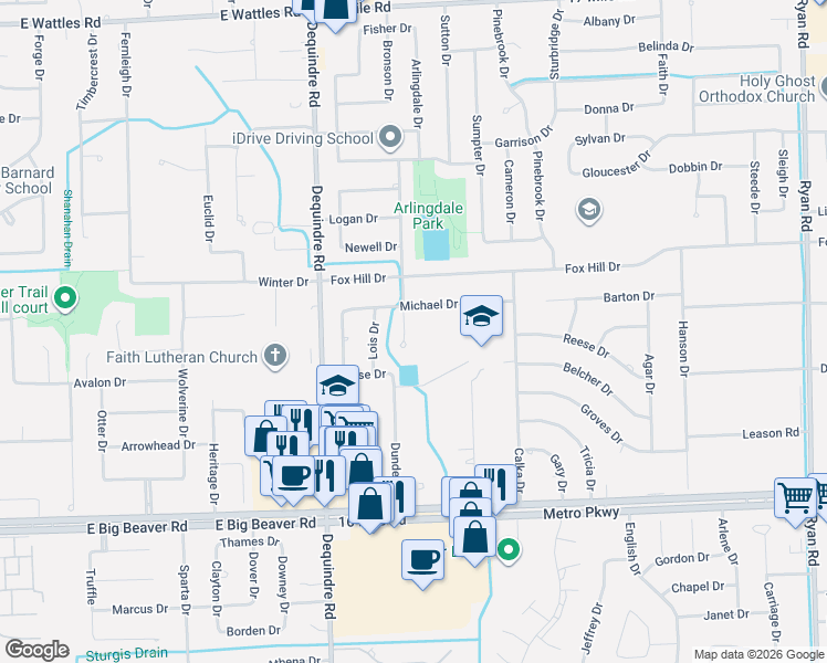 map of restaurants, bars, coffee shops, grocery stores, and more near 2334 Michael Drive in Sterling Heights